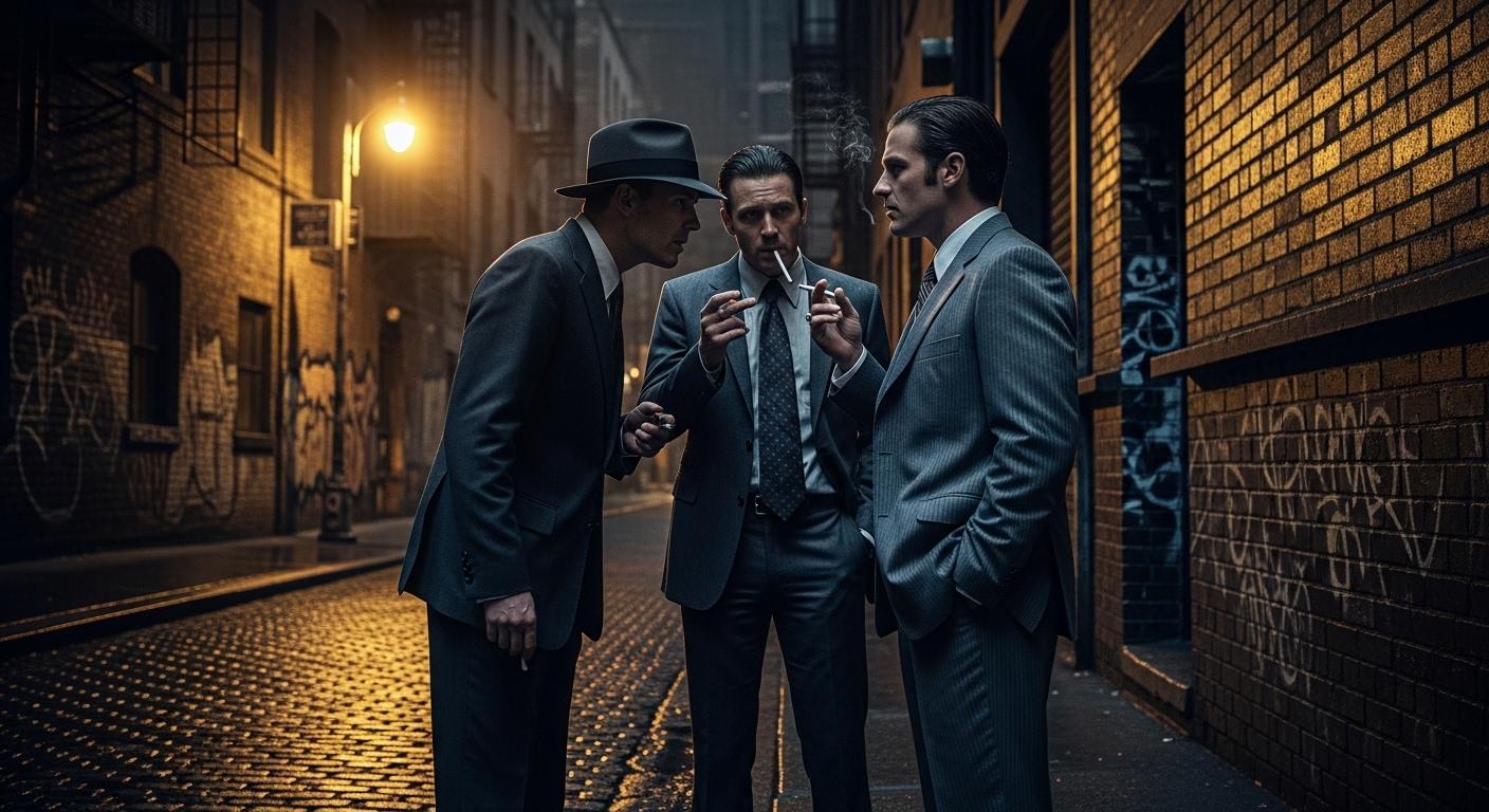 Dans une ruelle sombre de New York, trois hommes en costume, visages tendus, se retrouvent pour discuter à voix basse sous la lumière blafarde d’un réverbère, atmosphère tendue typique des années 70.