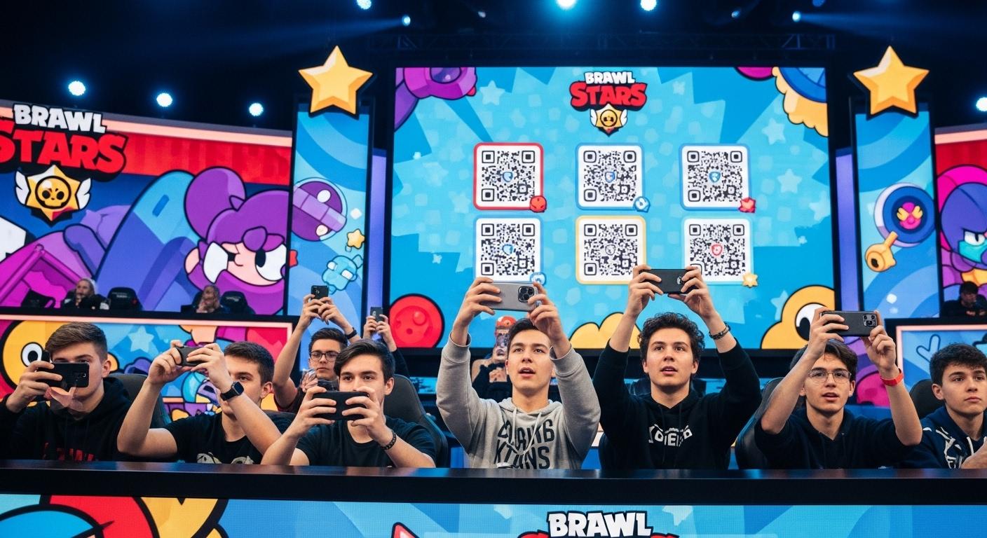 Des jeunes joueurs, téléphones en main, scrutent des QR codes affichés sur un écran géant lors d’un événement esport Brawl Stars, l’excitation se lit sur leurs visages, un décor coloré aux couleurs du jeu les entoure.