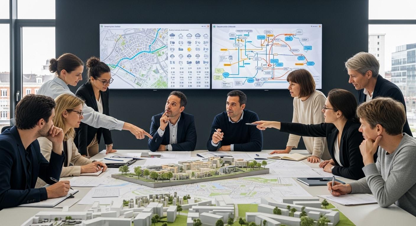 Des urbanistes, des ingénieurs et des habitants réunis autour de plans de ville sur une grande table, discutant de maquettes urbaines à Lille, avec des écrans affichant des prévisions météo et des schémas de chaînes logistiques, évoquant l’anticipation des risques et la gestion collective du changement.