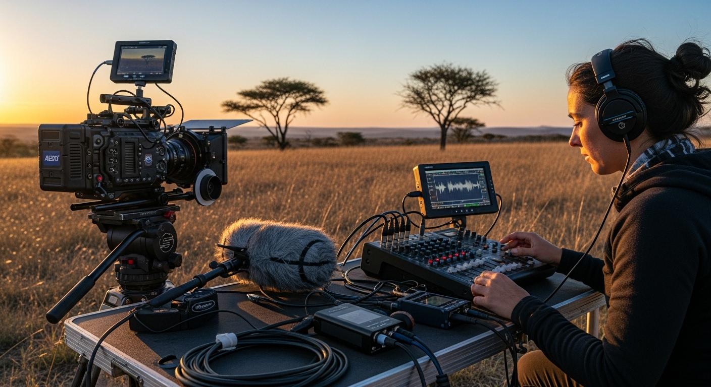 En plateau en Afrique du Sud, une ingénieure du son organise son matériel devant une caméra professionnelle, ses écouteurs sur les oreilles, préparant la synchronisation des prises lors d’un tournage documentaire animalier.