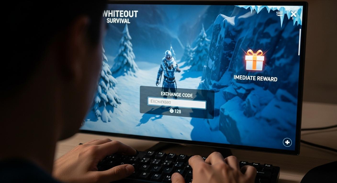 Jeu Whiteout Survival affiché sur un écran, menu ouvert avec icône cadeau clignotante dans le coin supérieur droit, un joueur saisit précautionneusement un code d’échange, l’atmosphère tendue et concentrée, mains légèrement tremblantes au-dessus du clavier, attente de la notification de récompense immédiate.