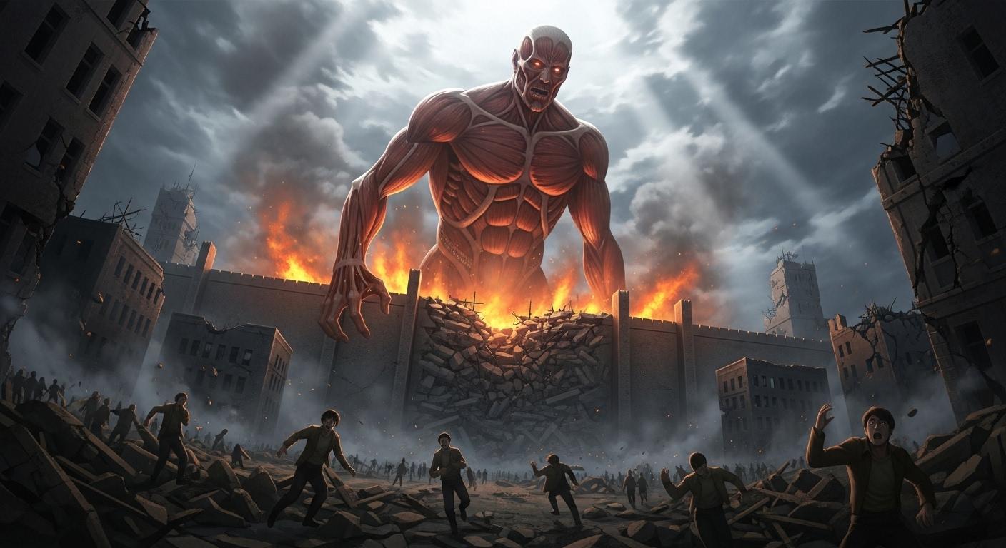 Le titan colossal surgit dans une ville en ruines, enveloppé de vapeur brûlante, dépassant de plusieurs dizaines de mètres la muraille effondrée, tandis que des habitants terrifiés fuient les décombres.