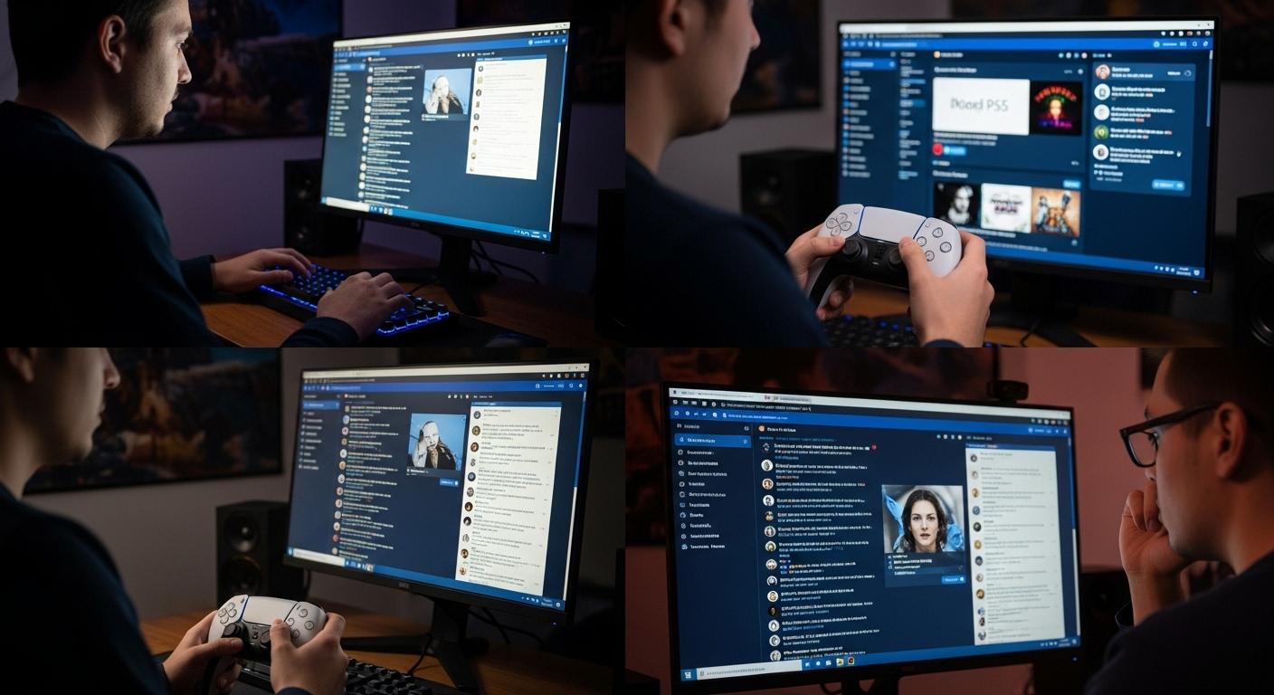 Plusieurs membres de la communauté PlayStation installés devant leur écran, échangeant sur un forum animé ; certains montrent la manette PS5 en mains, d'autres écrivent ou lisent des messages sur leurs ordinateurs, l’ambiance est studieuse et conviviale.