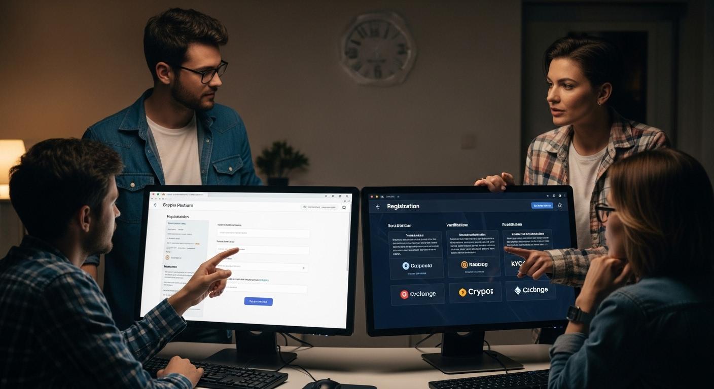Quatre personnes réelles discutent devant leurs écrans, comparant les pages d’inscription de plusieurs plateformes crypto, l’une affichant un formulaire très simple, les autres montrant des étapes de vérification strictes et des logos de grandes sociétés, sur fond de lumière tamisée évoquant la réflexion et la prudence.