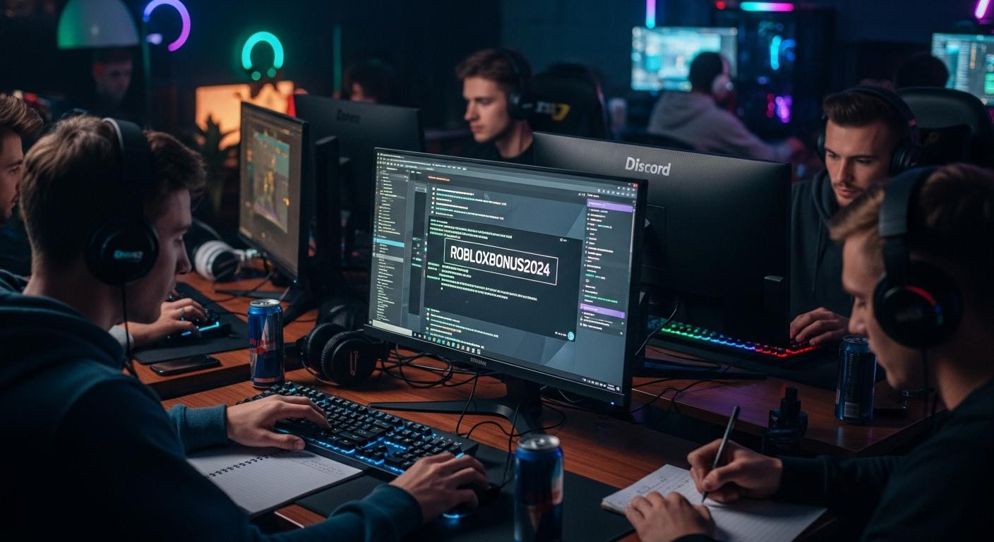 Salon Discord animé en pleine soirée avec plusieurs joueurs devant leurs écrans, excitée par l'annonce d'un code bonus Roblox posté au centre de la conversation, certains notant frénétiquement le code sur un carnet, ambiance électrique et communautaire.
