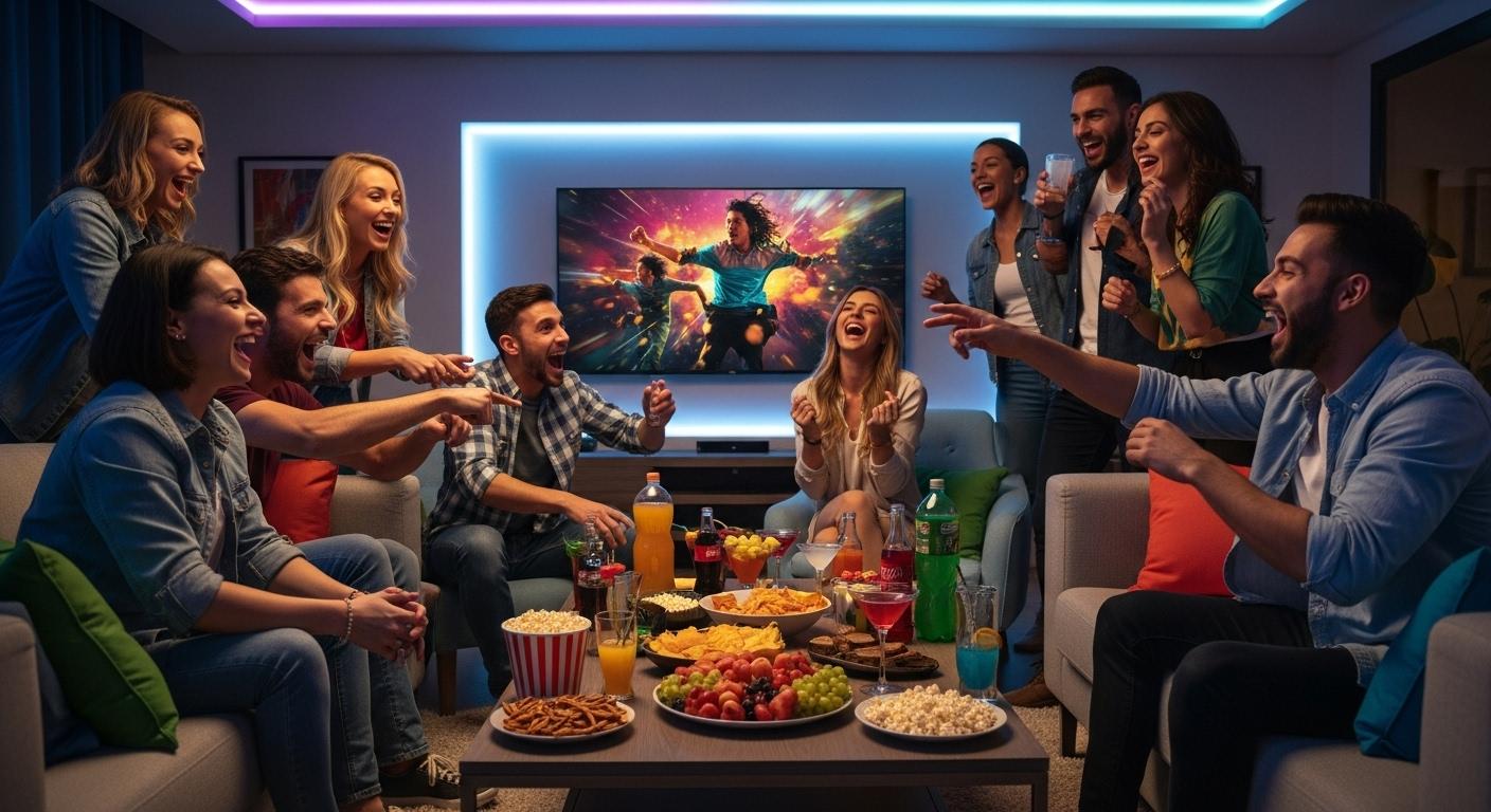 Salon moderne en soirée, groupe d'amis riant et gesticulant devant une télévision, snacks et boissons sur la table basse, ambiance lumineuse colorée et festive, rires partagés entre jeunes et moins jeunes, preuve d'une énergie contagieuse