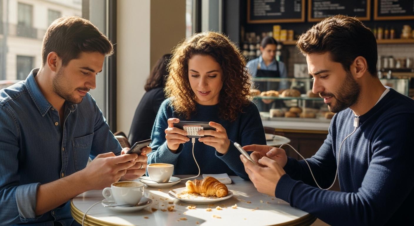 Trois amis assis autour d’une table de café le matin, concentrés sur leurs smartphones, réfléchissant et échangeant des idées pour résoudre une énigme de pedantix, avec des tasses de café, un croissant entamé et des sourires complices.