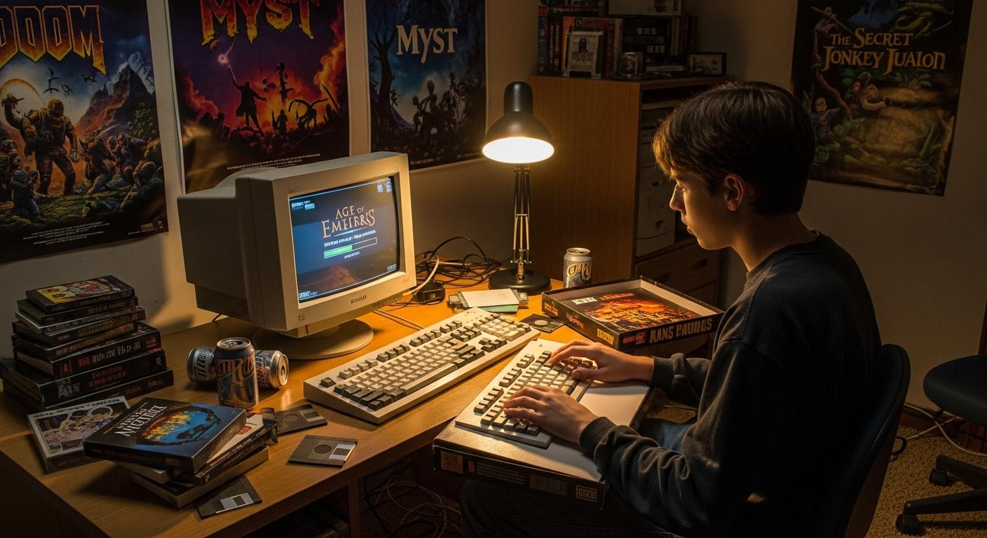 Un adolescent assis devant un vieil ordinateur CRT, la boîte du jeu Age of Empires ouverte à côté de lui, en train d'installer le jeu dans une chambre typique de la fin des années 90, posters de jeux vidéo sur les murs et lumière douce de bureau.