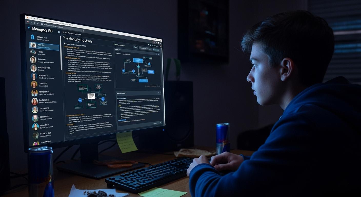 Un adolescent assis tard le soir devant un écran d’ordinateur, l’air concentré, scrutant un forum de discussion où plusieurs utilisateurs échangent des astuces pour tricher à Monopoly Go, des schémas et scripts ouverts, ambiance studieuse et un peu clandestine.