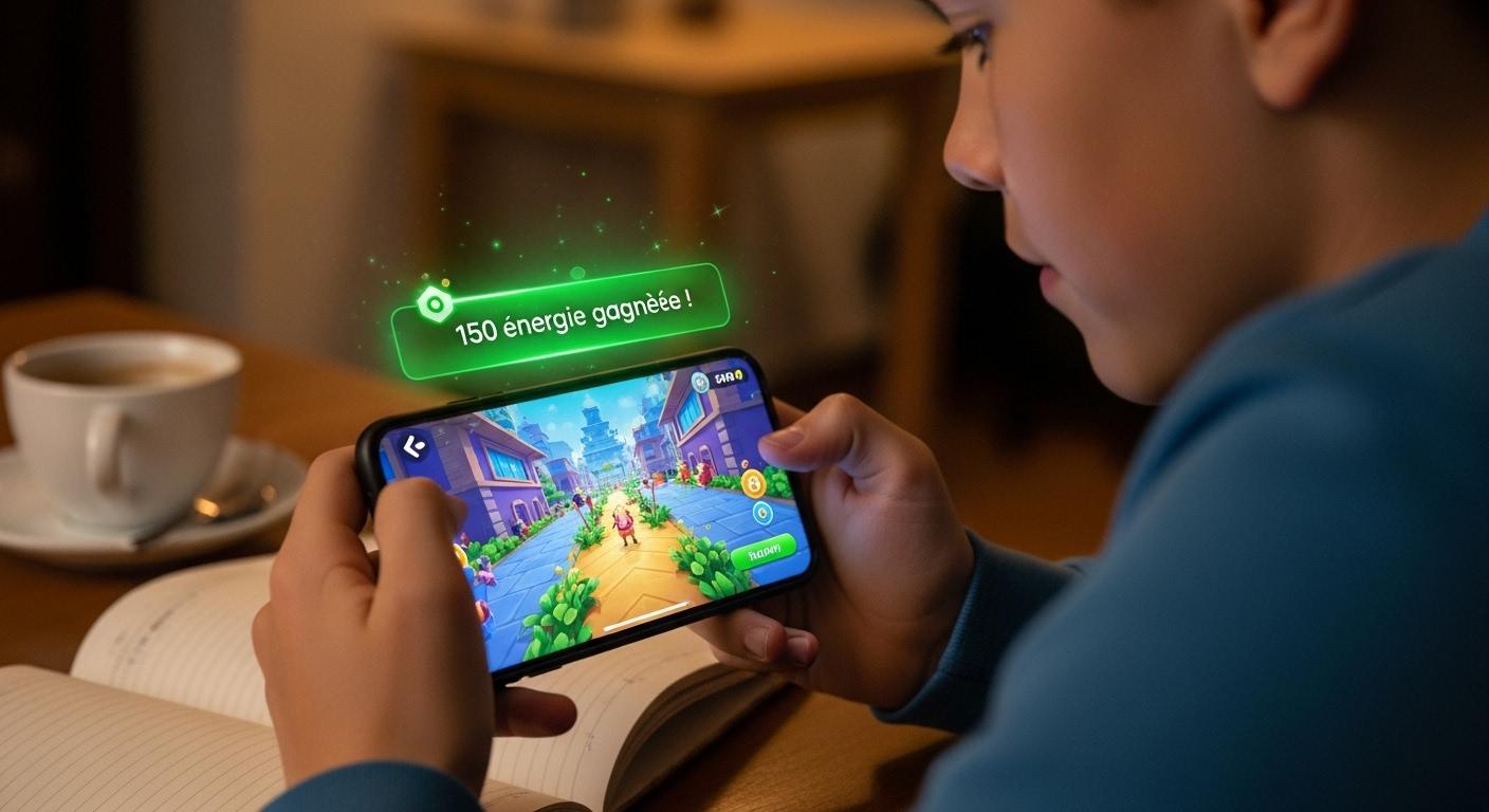 Un adolescent regarde attentivement l'écran lumineux de son smartphone où une notification verte « 150 énergie gagnée ! » scintille au-dessus d'un décor coloré de jeu mobile, tandis qu'une tasse de café et un carnet de notes sont posés devant lui sur la table