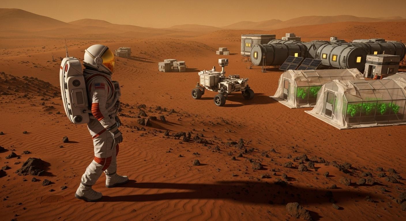 Un astronaute seul dans sa combinaison, marche dans une vaste étendue de sable rouge sous un ciel ocre, une base martienne modulaire visible à l’arrière-plan, un rover stationné près de serres improvisées ; la scène évoque l’isolement et l’effort de survie humaine au cœur du désert martien.