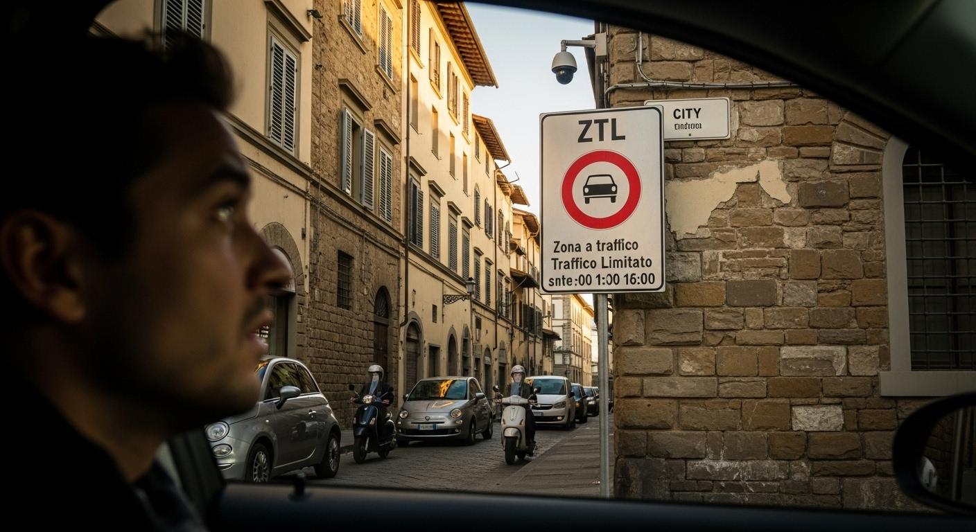 Un automobiliste étranger regarde avec inquiétude un panneau ZTL installé à l’entrée d’une vieille rue de Florence, tandis que des voitures circulent à proximité sous la surveillance discrète d’une caméra urbaine.