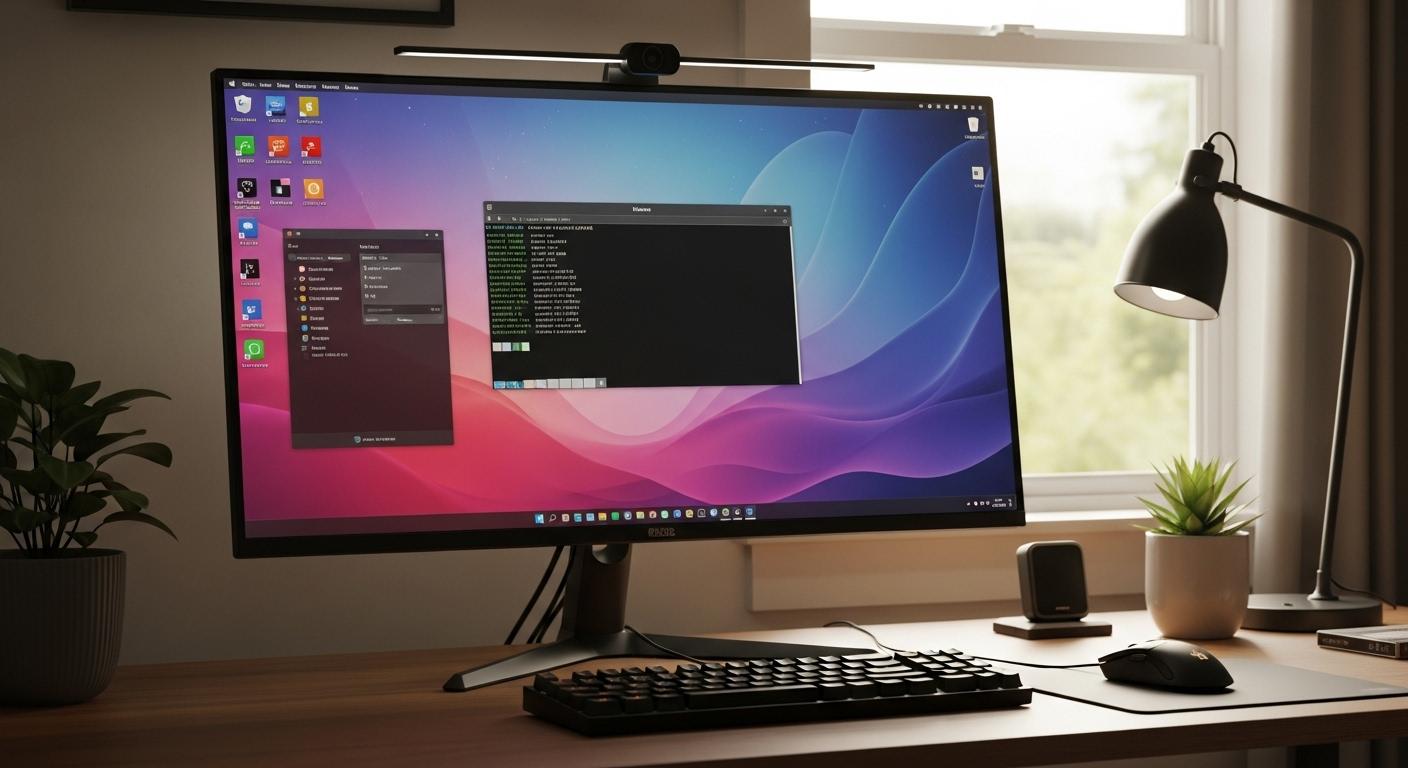 Un bureau informatique moderne affiche un écran d'ordinateur avec la distribution Linux Nobara ouverte, des couleurs vives et diverses icônes logicielles bien organisées. Une lumière naturelle éclaire la pièce, reflétant une ambiance calme et accueillante.