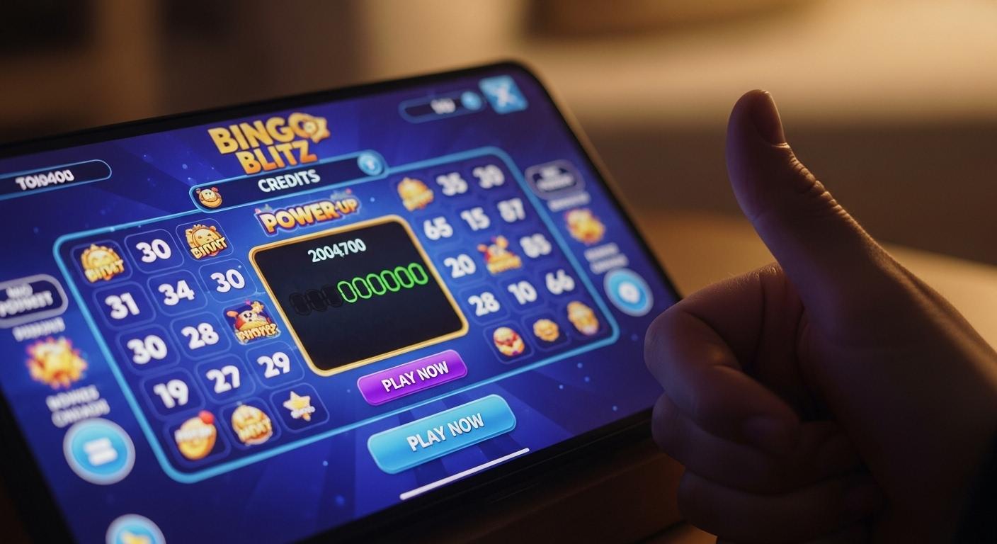 Un écran de jeu mobile affichant le solde de crédits presque vide, la main d’un joueur hésitant à lancer une nouvelle partie de Bingo Blitz, avec une ambiance tendue et colorée autour de l’interface.