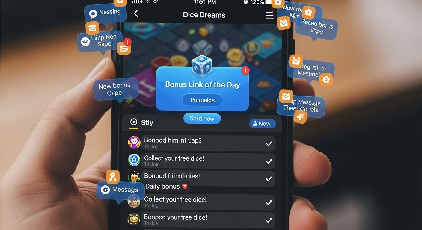 Un écran de smartphone affichant Dice Dreams, où un joueur consulte un lien bonus du jour partagé sur les réseaux sociaux, entouré d'alertes de notifications et de messages d'amis encourageant à collecter des dés gratuits.