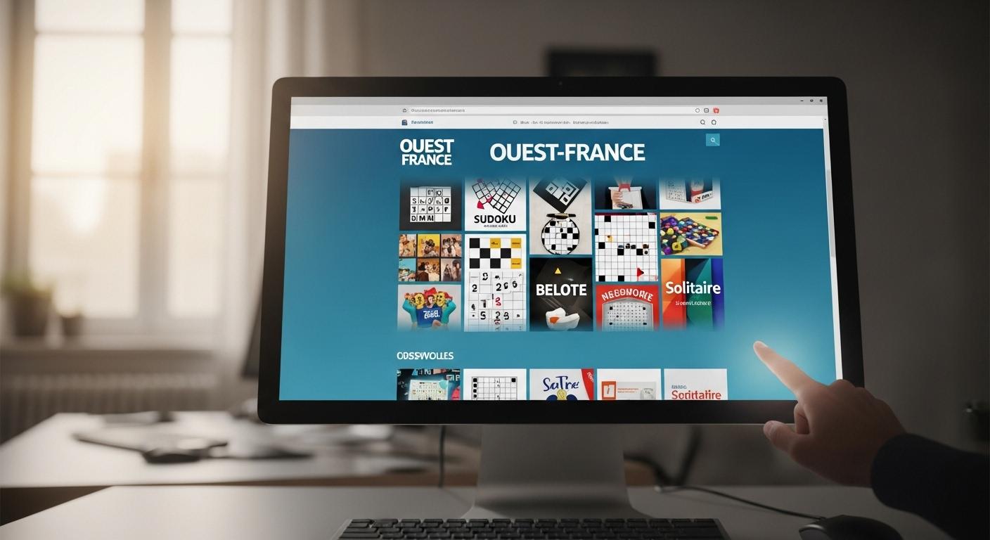 Un écran d’ordinateur affichant la page d’accueil des jeux Ouest France, mettant en avant une mosaïque de jeux variés comme sudoku, mots fléchés, belote et solitaire, dans une pièce lumineuse avec une main prête à cliquer.