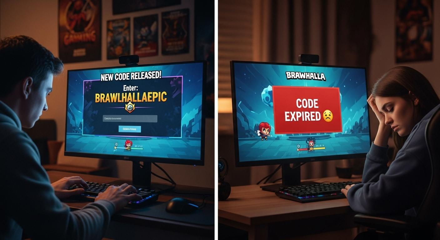 Un écran d’ordinateur affichant une notification de code Brawlhalla fraîchement publié, avec plusieurs joueurs devant leur écran, certains saisissant le code frénétiquement tandis que d’autres, déçus, voient s’afficher un message « code expiré ».