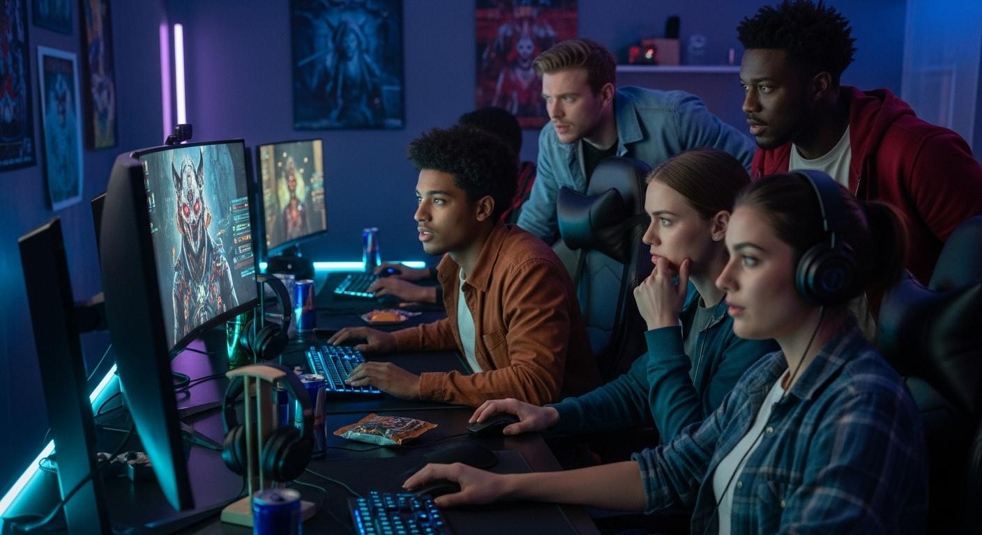 Un groupe de joueurs assis dans une pièce éclairée par des écrans d’ordinateur, tous concentrés sur leur partie de Dead by Daylight, l’un d’eux affichant fièrement un skin rare, les autres regardant avec admiration et un sentiment de compétition.