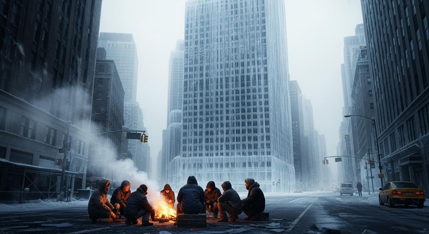Un groupe de personnes emmitouflées s'abritent autour d'un feu improvisé sous un gratte-ciel de Manhattan totalement recouvert de glace, dans une rue désertée, sous un ciel gris et froid.