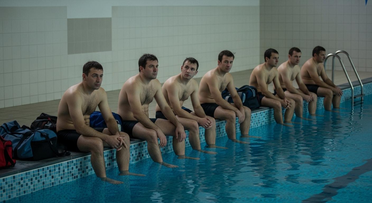 Un groupe d’hommes en maillot de bain, assis au bord d’une piscine municipale aux carreaux bleus sous une lumière blafarde, l’air fatigué et songeur, partageant un moment de silence sur les rebords humides avec des sacs de sport autour d’eux.