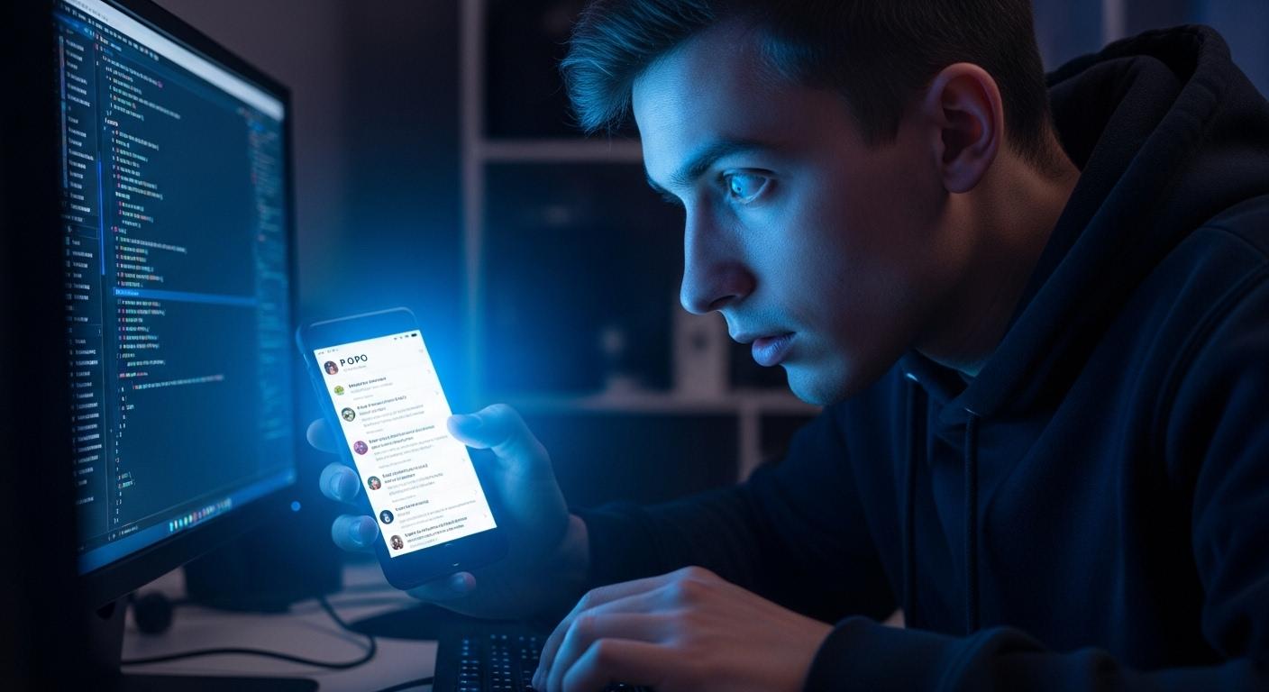 Un jeune joueur penché devant son écran d’ordinateur, les yeux rivés sur un code affiché, tandis que son téléphone à la main montre un fil Twitter de P O P O avec plusieurs codes mis en avant, une lumière bleutée éclaire la pièce pendant qu’il copie précipitamment la séquence.