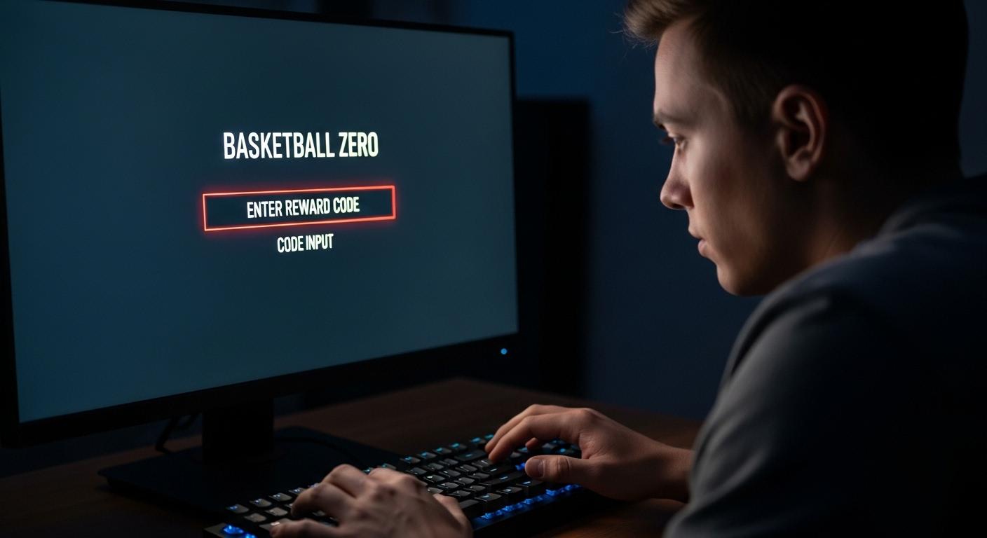 Un joueur assis devant son ordinateur, l’écran illuminé affichant le menu d’entrée de code du jeu Basketball Zero, les mains fébriles sur le clavier, visage concentré, atmosphère tendue d’anticipation d’une récompense imminente.