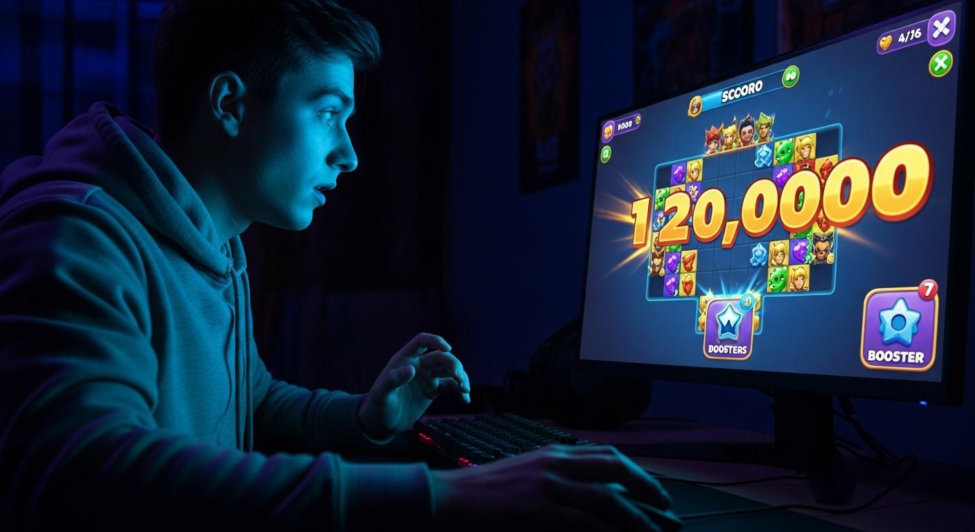 Un joueur concentré devant son écran lors d'une partie de Match Masters, la salle plongée dans la lumière bleutée de l’écran, au moment précis où il active un booster et le score bascule soudainement, la tension visible sur son visage.