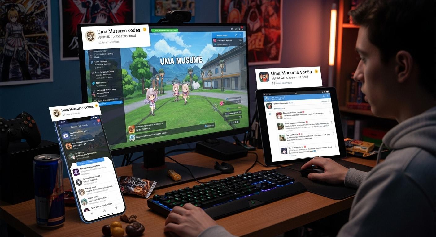 Un joueur consulte son écran d'ordinateur, entouré de son smartphone affichant Discord et d'une tablette avec Twitter, tous les appareils montrant des discussions actives sur des codes Uma Musume, tandis que des notifications de récompenses virtuelles s'affichent visiblement.