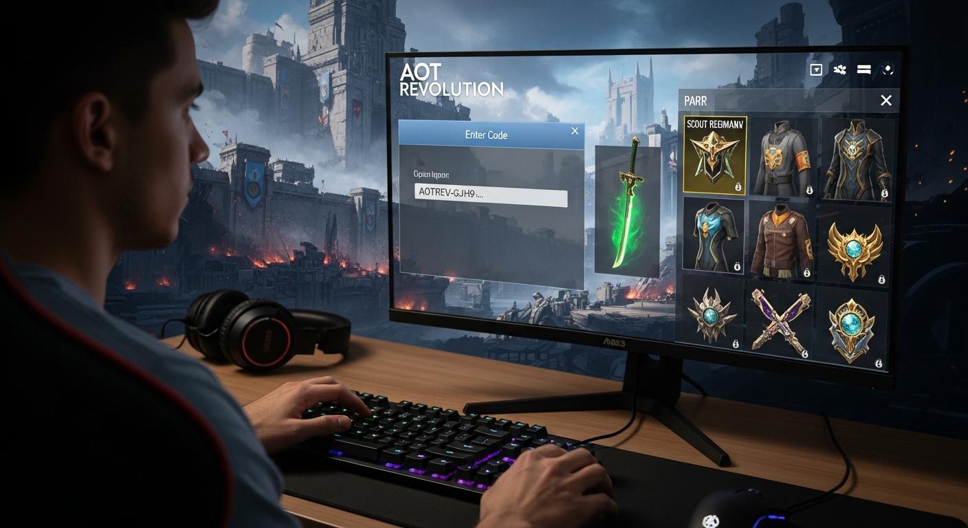 Un joueur devant son écran, concentré, en train de saisir un code sur la fenêtre dédiée de l’interface du jeu AOT Revolution, l’inventaire qui se met à jour avec l’apparition de nouveaux objets et skins brillants