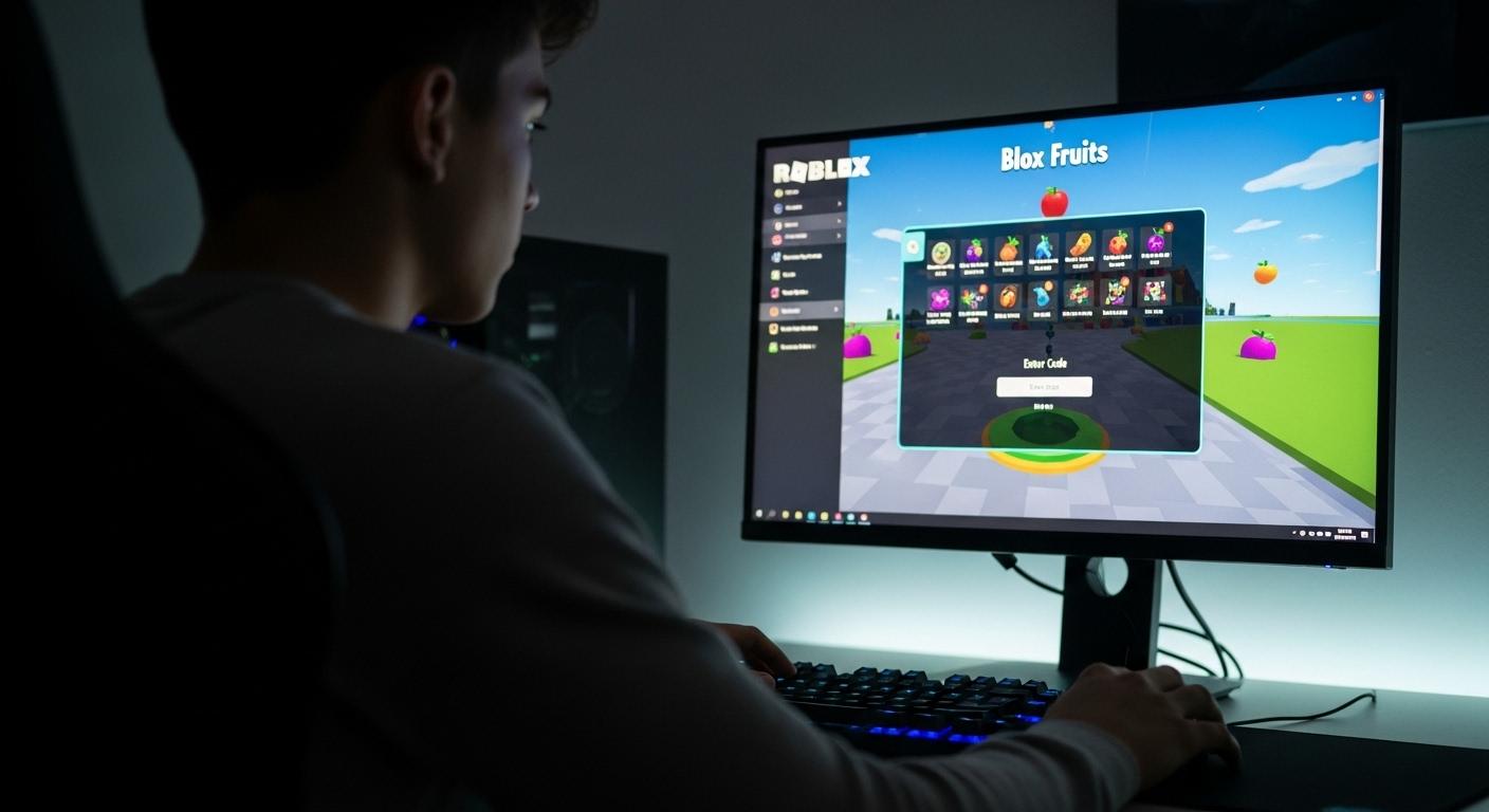 Un joueur devant son ordinateur, écran affichant Roblox avec le menu de Blox Fruits ouvert, prêt à entrer un code bonus, ambiance nocturne et concentrée.