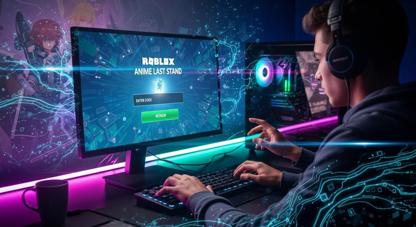 Un joueur devant un écran d’ordinateur, les doigts tendus vers le clavier, son regard concentré sur l’écran où s’affiche la page de saisie des codes de Roblox Anime Last Stand, une ambiance électrique et digitale autour de lui.