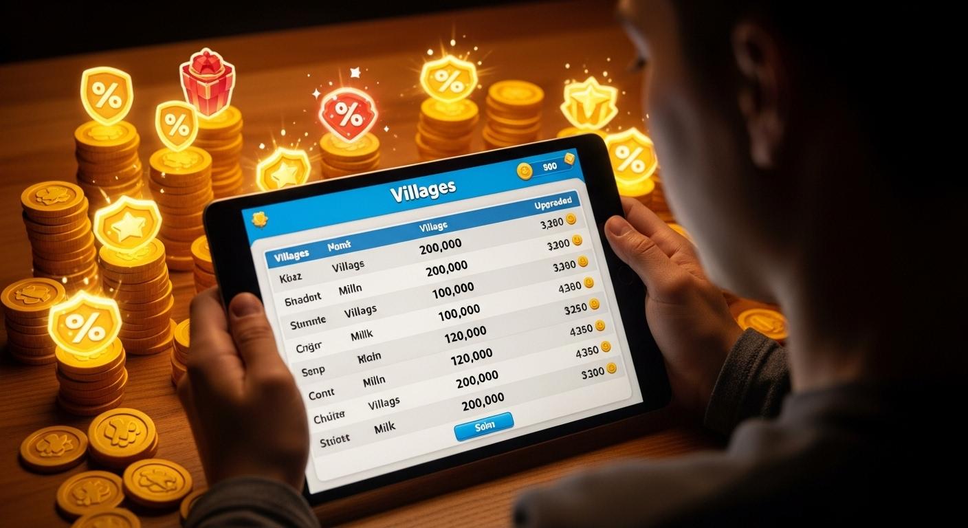 Un joueur regarde l’écran de sa tablette où s’affiche un tableau résumant le coût des villages Coin Master, entouré de pièces virtuelles empilées et d’icônes de réductions s’illuminant lors d’un événement