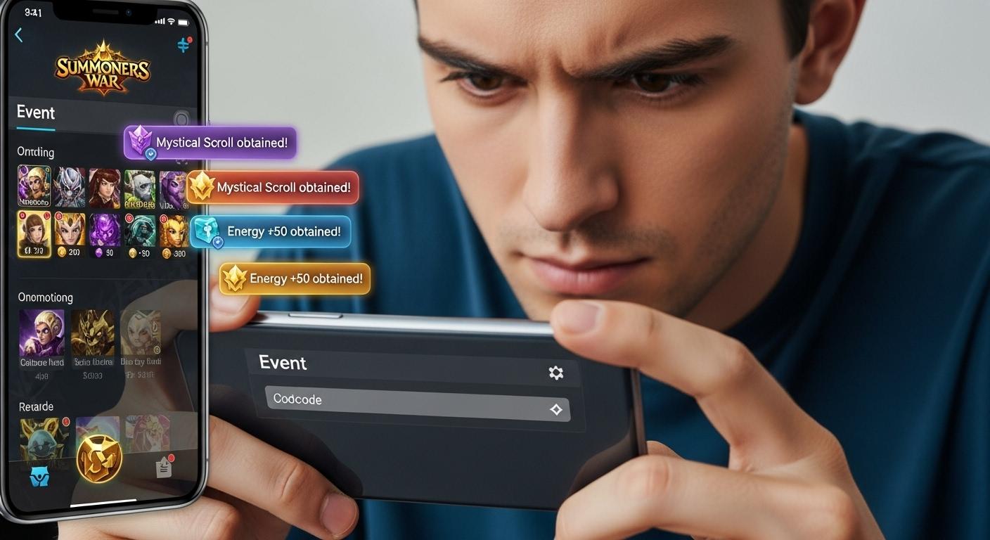 Un joueur sur iPhone entrant un code promotionnel dans le menu événement de Summoner War, regard concentré, interface claire, ambiance de vigilance et de précipitation affichée sur le visage, notifications de récompenses en arrière-plan