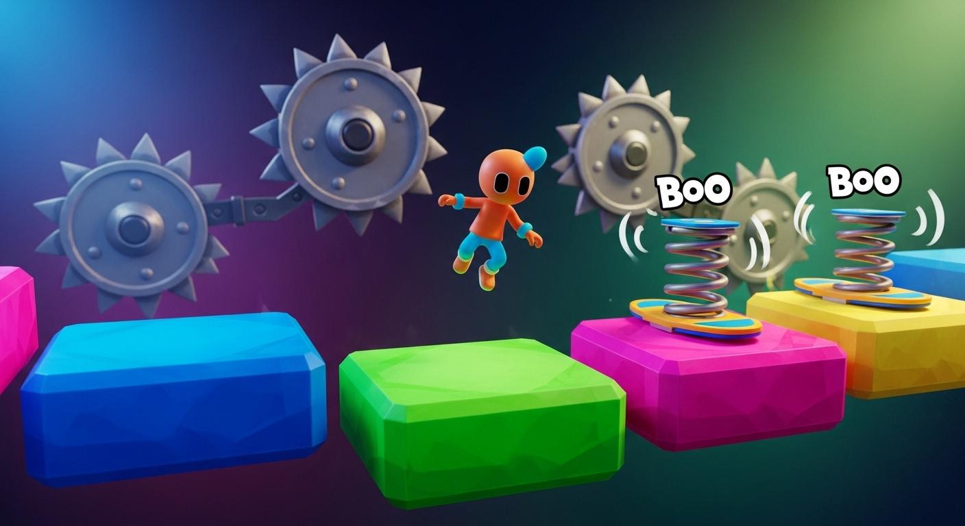 Un joueur survolant des plateformes colorées dans Jump Stars, avec des scies métalliques en rotation et des tremplins animés en arrière-plan, prêt à bondir au bon moment sous une lumière dynamique