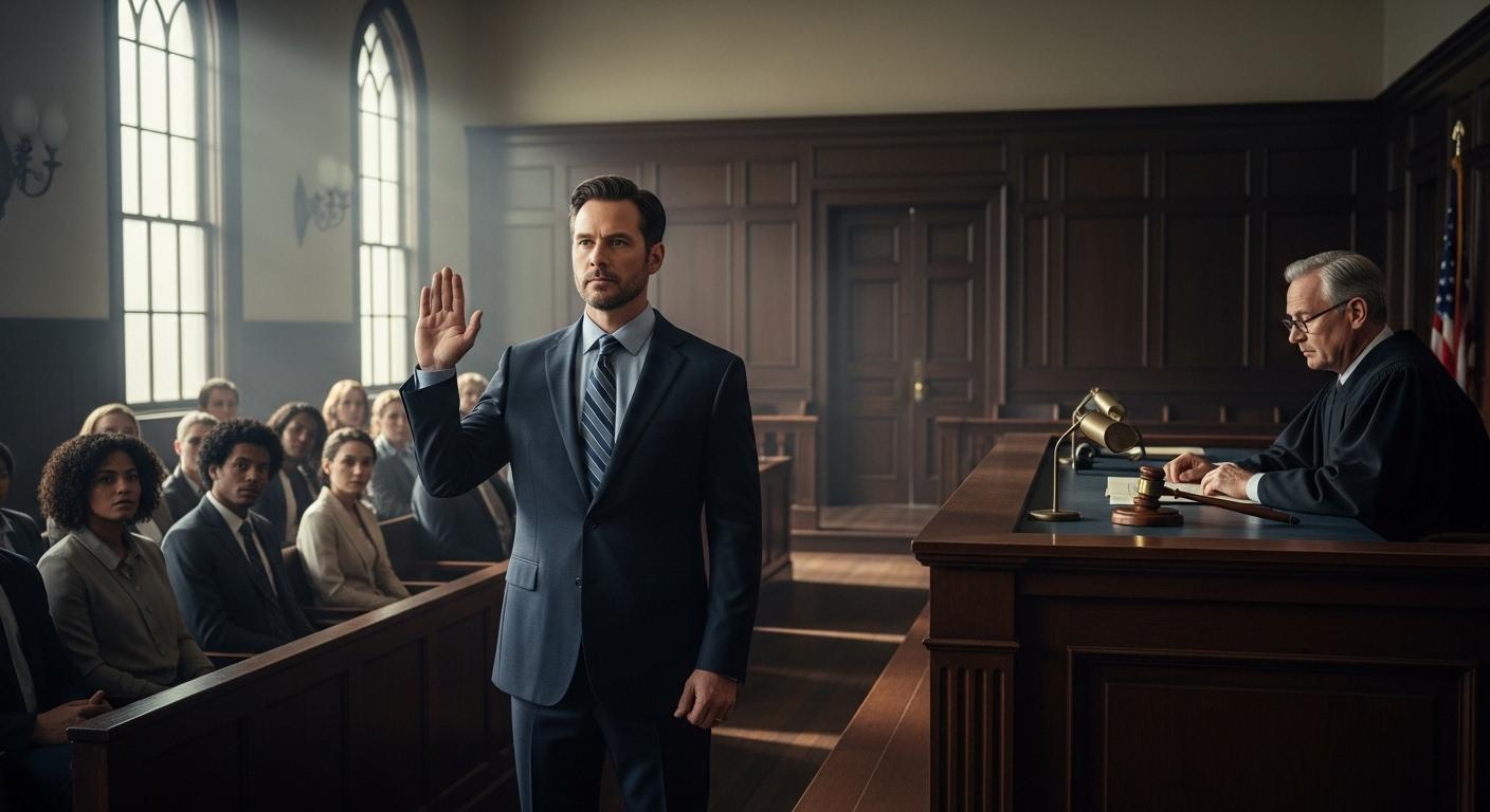 Un juré debout dans une salle d’assises, main droite levée au moment solennel du serment, sous le regard attentif d’une assemblée, le président de la cour à sa table relisant la formule, atmosphère sérieuse et tendue.