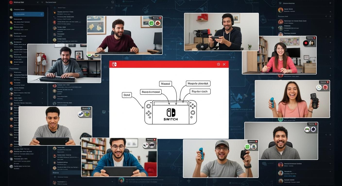 Un salon virtuel foisonnant où plusieurs joueurs de tous âges et styles, certains échangeant sur leur écran d’ordinateur ou smartphone, d’autres annotant un schéma de Switch ou montrant des accessoires Nintendo, rient et partagent astuces dans une ambiance conviviale sur fond de forum dynamique