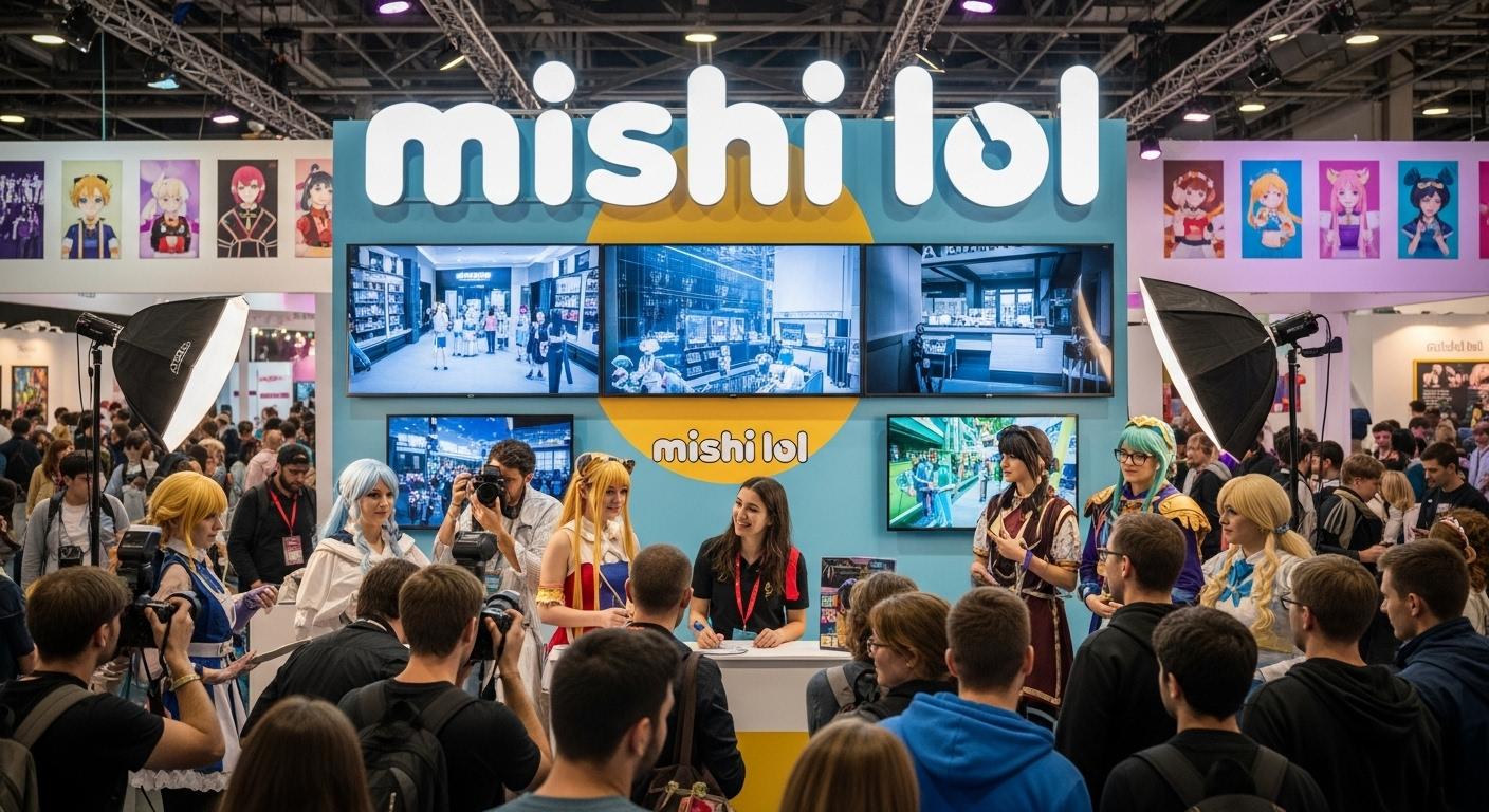 Un stand animé à la Paris Games Week, une foule dense se presse devant un stand coloré arborant le nom mishi lol, des cosplayers posent en costumes élaborés, des appareils photo capturent la scène, tandis qu'à l'arrière-plan des écrans diffusent des tutoriels vidéos et le public échange avec la créatrice.
