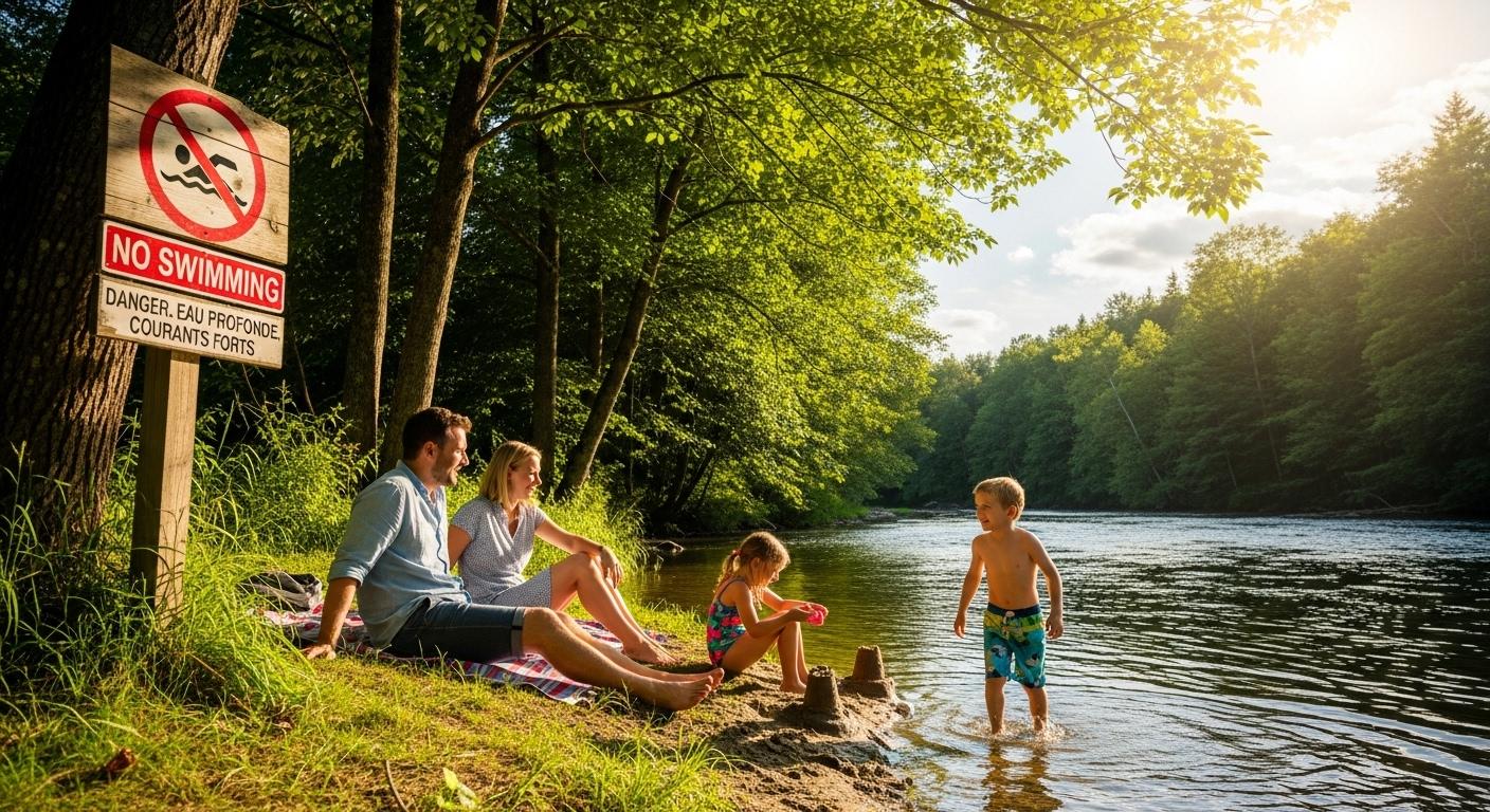 Une famille assise au bord d'une rivière isolée, entourée d’arbres, des enfants jouent à proximité de l’eau sans surveillance ni maître-nageur, avec un panneau d’interdiction de baignade en arrière-plan et une atmosphère estivale légère.