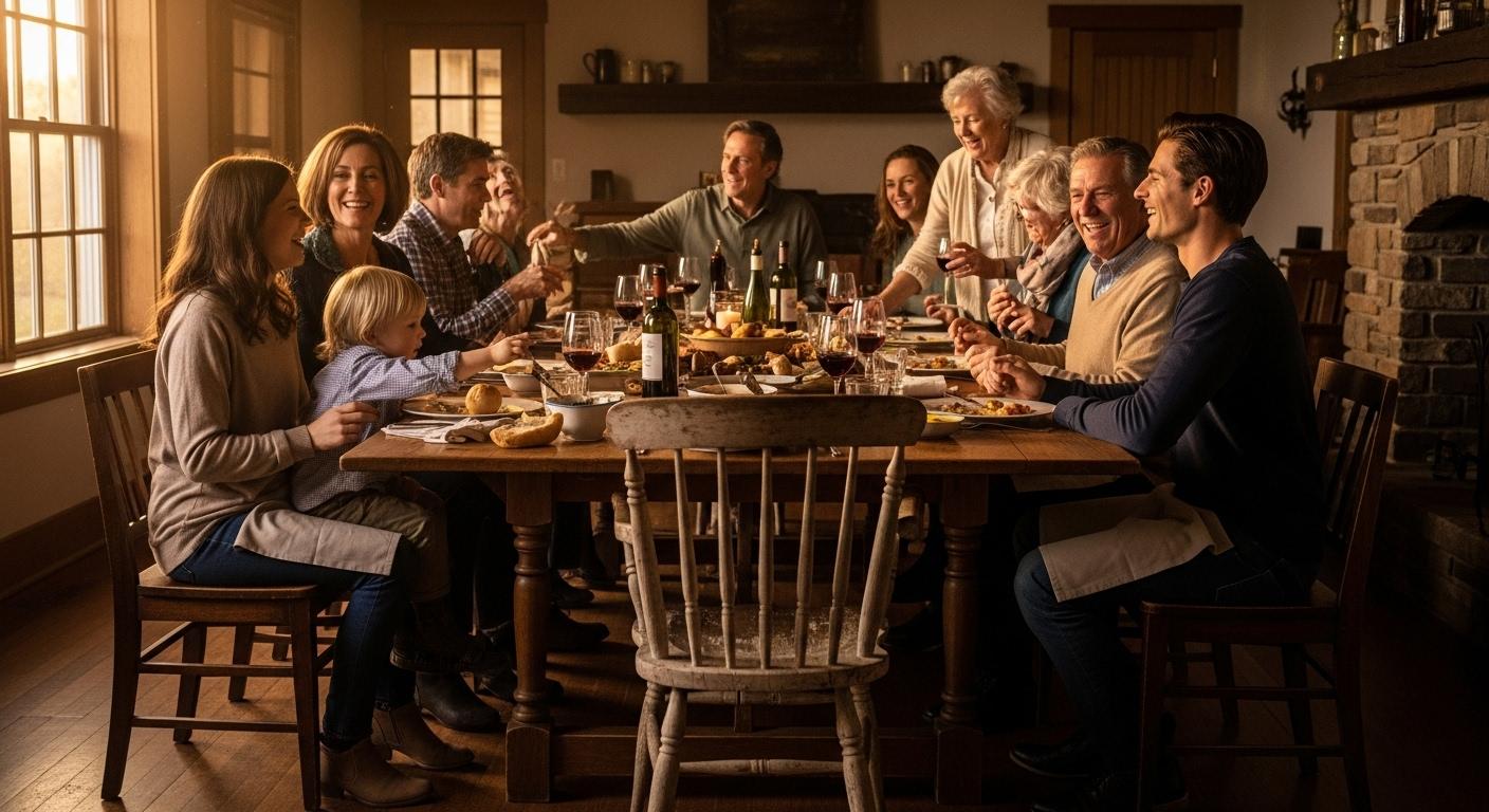 Une famille réunie autour d'une grande table, des générations mêlées, rient et discutent, une vieille chaise branlante en bout de table symbolise un rituel immuable, la lumière du soir entre par la fenêtre.