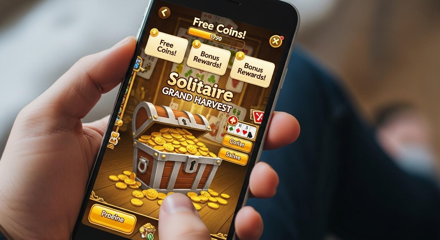 Une main tenant un smartphone affichant l’écran de Solitaire Grand Harvest avec un gros coffre virtuel débordant de pièces dorées, sur fond de menu du jeu, alors que des notifications de gains gratuits apparaissent en haut de l’écran.