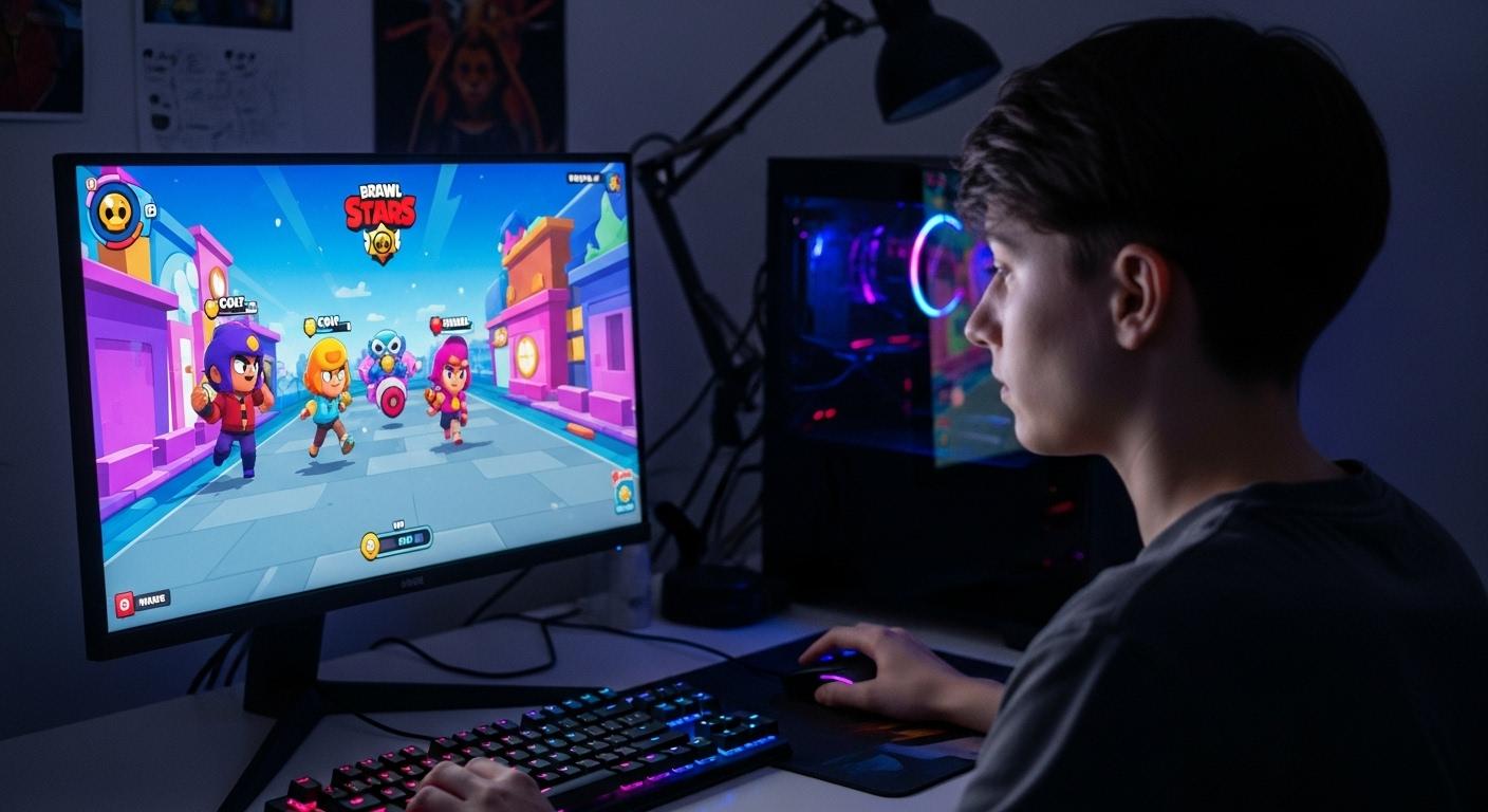 Une personne joue à Brawl Stars sur un ordinateur de bureau, clavier et souris devant elle, l’écran affichant des couleurs vives du jeu dans une pièce tamisée en soirée.