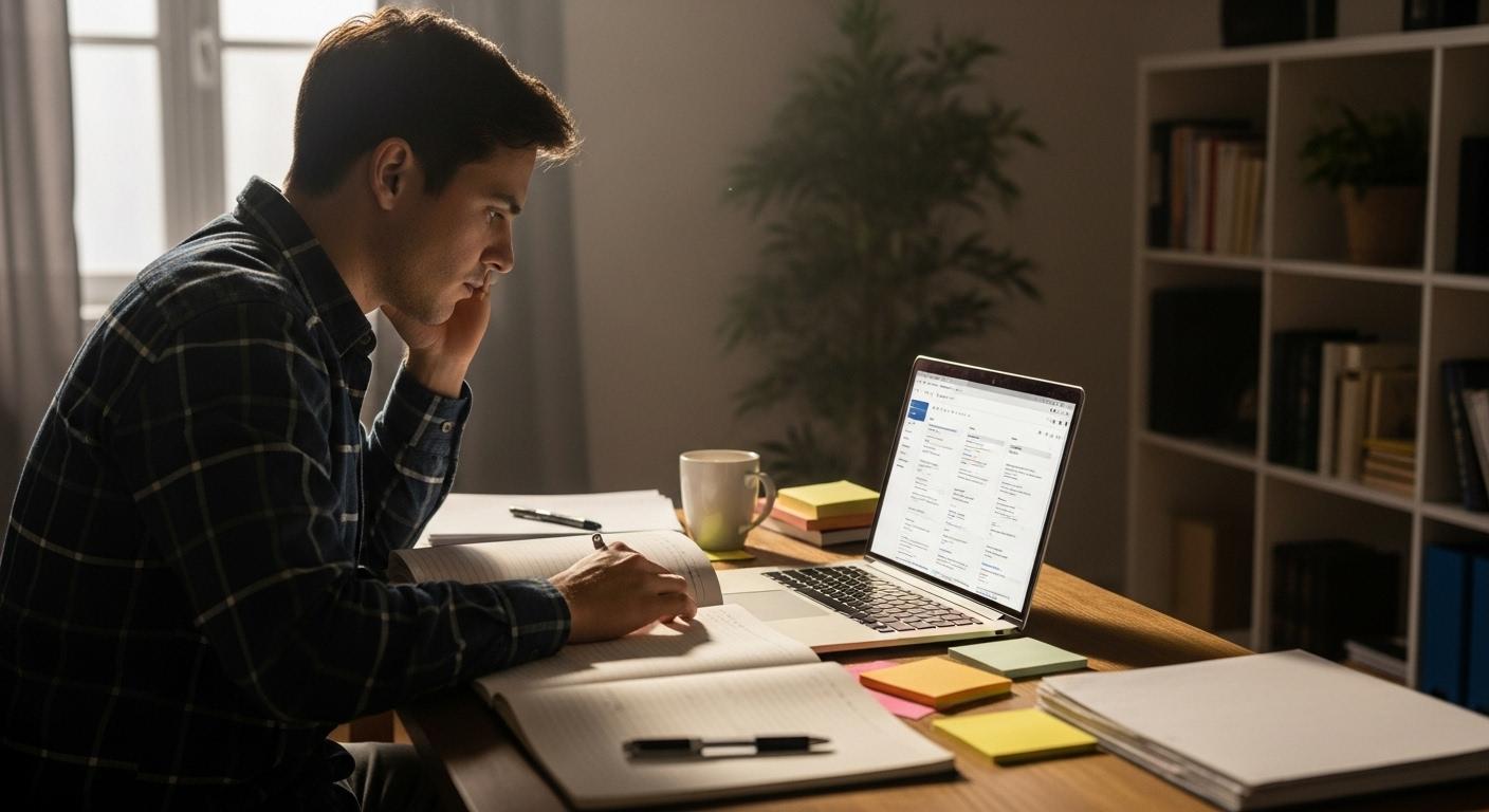 Une personne seule travaille concentrée à son bureau à la maison, entourée de carnets, de post-it colorés et d’un ordinateur portable allumé, visible dans un environnement calme alors que le soleil du matin éclaire la pièce.